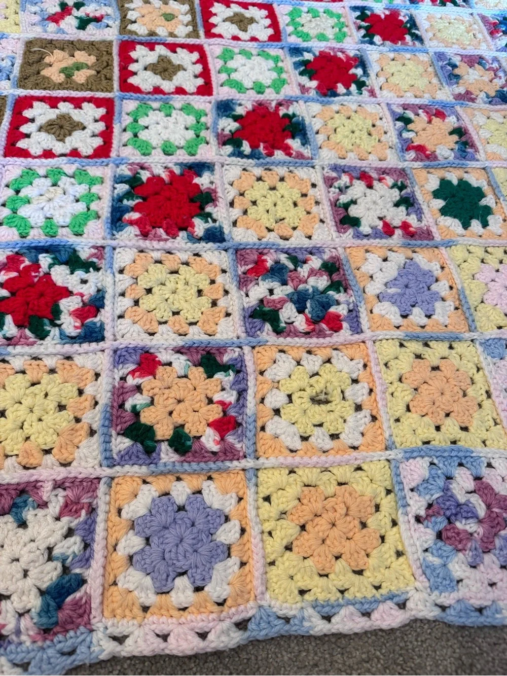 Vtg Handmade Granny Square Afghan Blanket Floral Multicolor Crochet Throw 52x40”